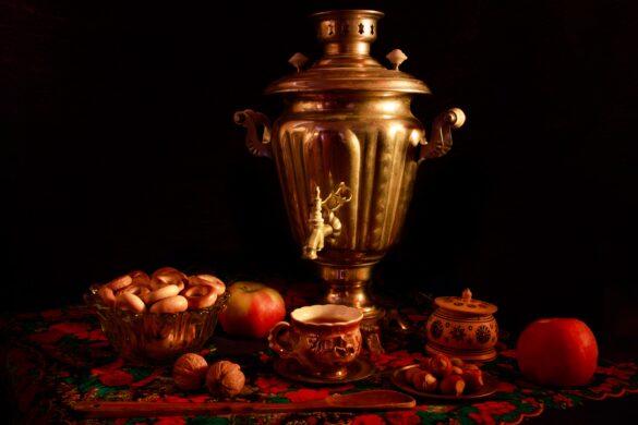 Closeup shot of a samovar in a beautiful interior setting on a black background gotxen godolix